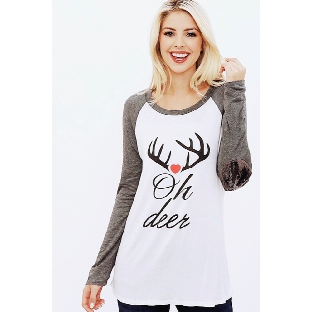 “Oh deer” Tee w/Sequined Elbow Patches